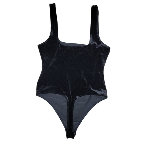 Good American Crushed Black Velvet Scoop Neck thong Tank Bodysuit size 2 - Picture 2 of 4